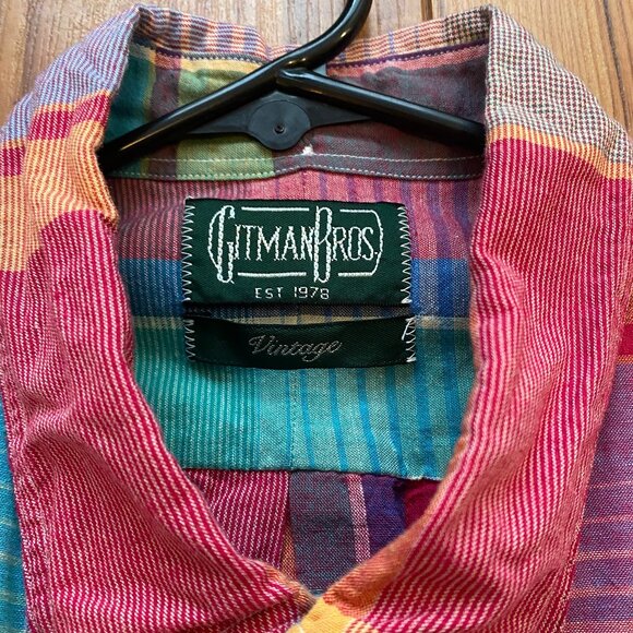 Gitman Vintage Pink Big Madras Check Short Sleeve Button Down, Sz XL - Picture 4 of 9